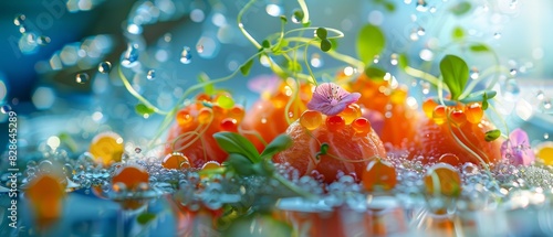 Close-up of water droplets on orange fruit with green leaves