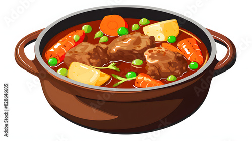 Stew - lamb with turnips, carrots, potatoes, onions and peas, in a thick glossy sauce isolated on white background, isometry, png 