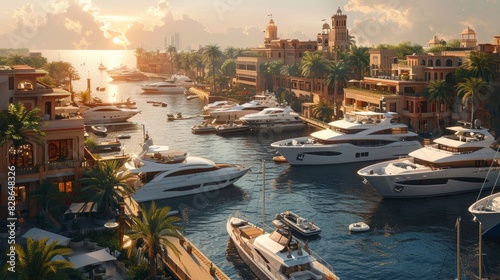 Luxury yacht club with boats, docks, and a scenic harbor