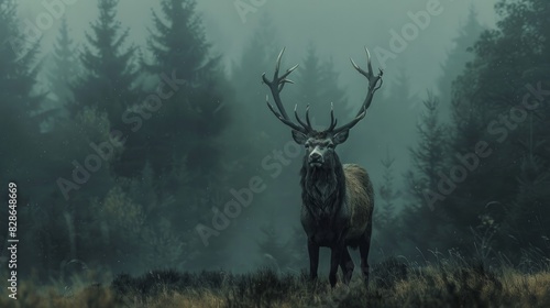 Majestic deer standing in a misty forest