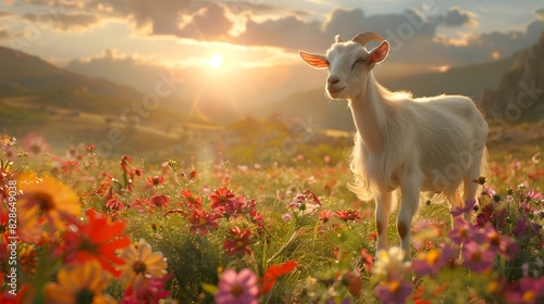 A white goat stands in the middle of a field full of flowers, with its head tilted to one side and ears perpped up.