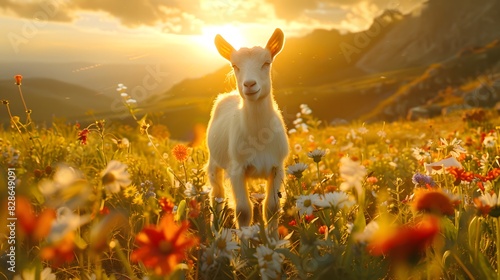 A white goat stands in the middle of a field full of flowers, with its head tilted to one side and ears perpped up.