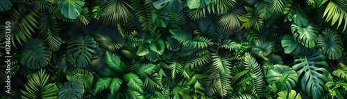 Lush jungle with dense tropical foliage, flat design, top view, paradise theme, 3D render, Analogous Color Scheme