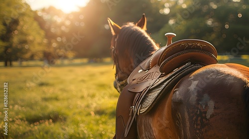 Beautiful closeup of brown leather saddle on horse, sunlight and green background. banner with copy space area.
