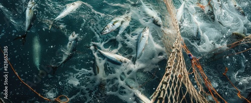 Trawler with Net Full of Fish in Rough Seas
