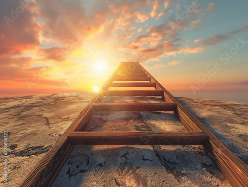 Wooden ladder leading towards a vibrant sunset on the horizon. The scene evokes themes of aspiration, journey, and the pursuit of dreams against the backdrop of a beautiful, colorful sky.
