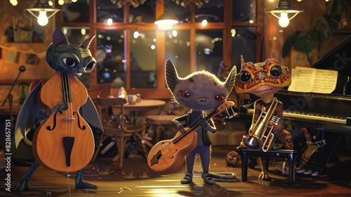 A jazz night scene with small cartoon animals a bat with a double bass, a cricket playing the piano, and a toad with a trombone, performing in a tiny jazz cafe.