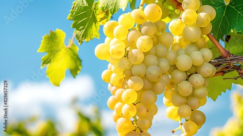 A close-up image of a bunch of white grapes hanging from a vine with green leaves in the background.