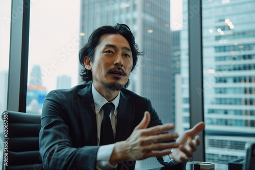 cinematic shot of the Asian Japanese man in his late thirties, sporting a stylish business suit and a dark mustache, sitting comfortably at an office desk in a modernist skyscraper