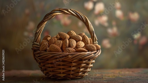 A closeup of a wicker basket filled with almonds. The basket is placed on a wooden table with a blurred background.