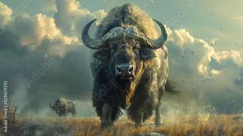 Powerful buffalo roaming the plains