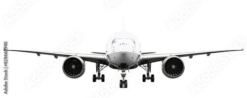 Front view of a commercial airplane in flight, showcasing aerodynamic design and powerful jet engines isolated on transparent background..