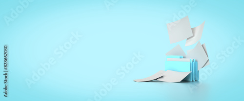 A blue folder with flying papers and files. 3d rendering on the topic of computer, office, work, interface, technology, applications, business, data. Modern style. Blue background.