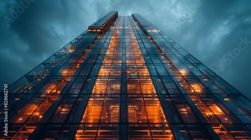 skyscraper from outside with outside glass elevator descending