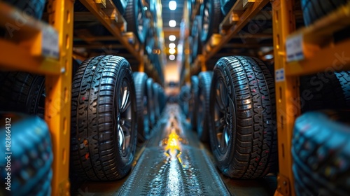 A warehouse interior with the focus on car tires organized on long rows of shelves, with blurred area