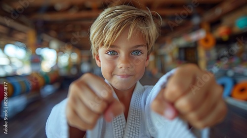 A cheerful boy in a karate gi makes a playful fighting stance in a dojo
