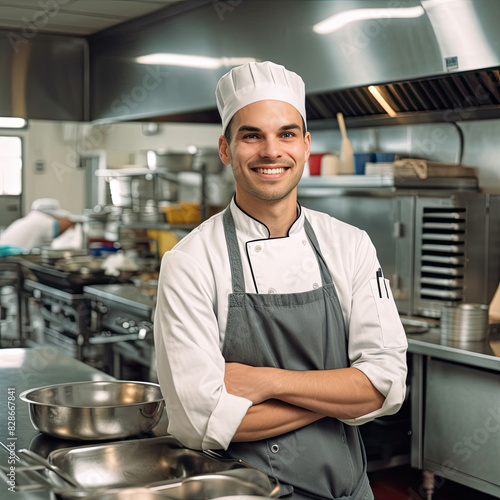 Experienced Chef Beaming in Front of a Well-Equipped Professional Kitchen