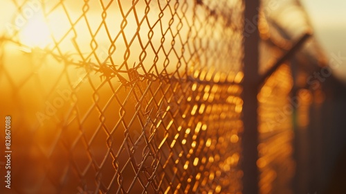 Sharp razor wire fence, with the sun setting in the background