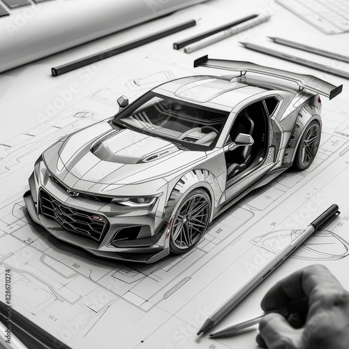 A pencil sketch of a sleek sports car on a drafting table. The car is in the foreground and the background is a blueprint of the car.