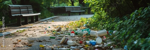 Various pieces of trash, such as food containers and paper cups, strewn across a park sidewalk