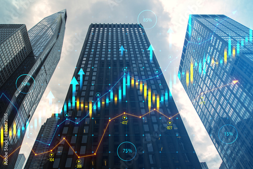 Skyscrapers with superimposed financial charts, symbolizing real estate market trends on a cloudy sky background, concept of market analysis