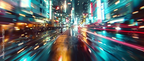 Blurred Motion and Vibrant Lights An Exhilarating Nighttime Urban Landscape with Futuristic Ambiance