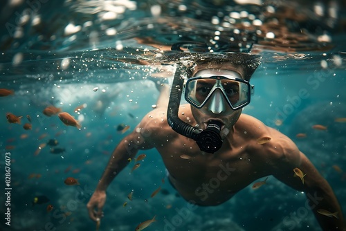 young man in a swimming mask is engaged in snorkeling underwater, active summer sport recreation and lifestyle