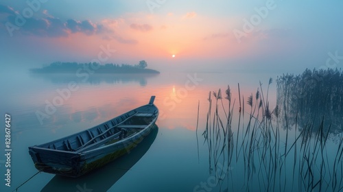 The sun rises in the east, and there is an ancient boat on West Lake with reeds growing beside it. The lake water reflects light blue sunlight, creating beautiful scenery