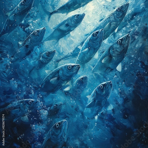 A large group of sardines in the deep blue ocean, flocking and gathering close to the light that is about to break through to the surface of the water. The sun shines on the surface of the water