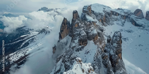 the Dolomites in winter, with snowcovered peaks and detailed rock formations