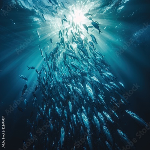 A large group of sardines in the deep blue ocean, flocking and gathering close to the light that is about to break through to the surface of the water. The sun shines on the surface of the water
