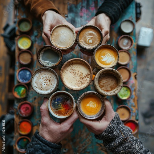 A group of friends share a cup of coffee, each holding their own cup. This scene conveys friendship and social interaction through shared moments in the style of social interaction.