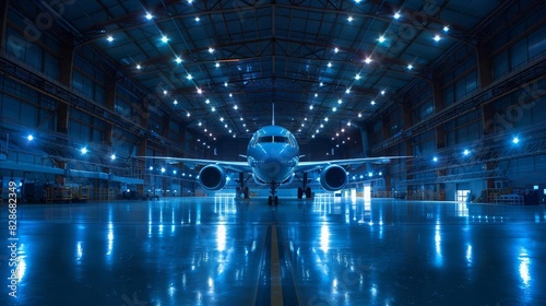 A wide-body passenger jet sits in a hangar. The blue lights reflecting off the floor make the scene look like something out of a science fiction movie.