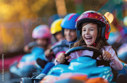 A group of children driving go-karts at an amusement park, laughing and having fun together. The kids wear colorful helmets as they speed around the track in their mini vehicles