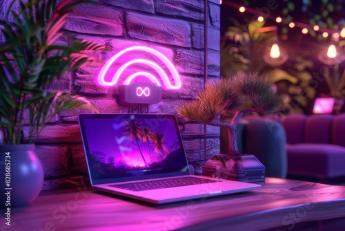 Neon lit laptop in a nighttime setting, creating a mood of mystery and modernity with digital technology in focus