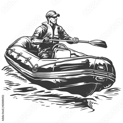 a man driving inflatable boat the boat is traveling with engraving style