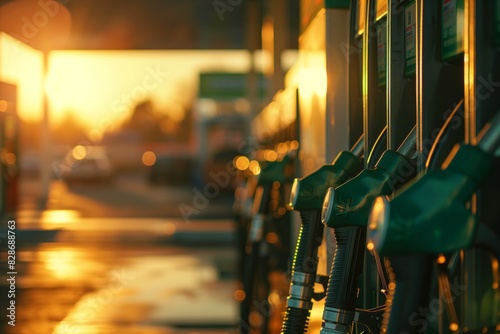 Green Fuel Pumps at a Gas Station During a Beautiful Sunset