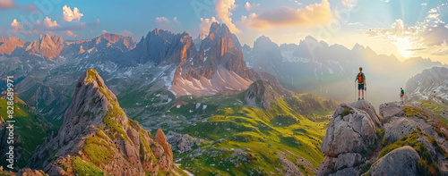 panoramic photo of an incredible mountain vista at sunrise, with rocky peaks and lush green valleys, with hikers