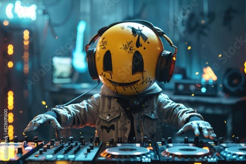 ilustración digital de un DJ en una fiesta de electrónica, con colores fluorescentes, fiesta loca