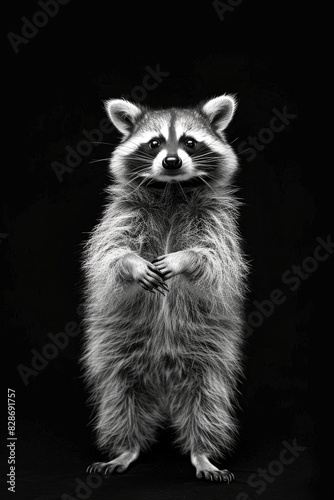 Una imagen en blanco y negro de un lindo mapache parado sobre sus patas traseras, cuerpo completo, con un fondo negro, hiperrealista.