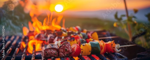 4th of July barbecue at sunset, close up, focus on, rich colors, festive grilling