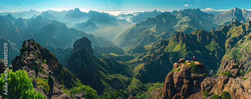 panoramic photo of an incredible mountain vista at sunrise, with rocky peaks and lush green valleys, with hikers