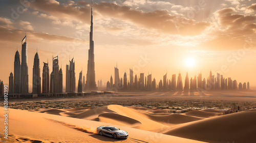 Bollywood action movie poster background with burj khalifa and dubai skyline and desert, Generative AI