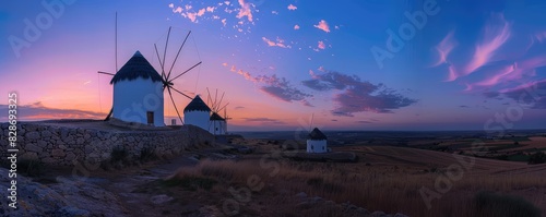 Windmills of Consuegra at sunrise with a beautiful sky.