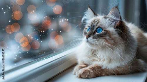 pet cat gazing out window, a serene ragdoll cat with a beautiful appearance calmly observing the world outside from a windowsill, captivates with its curious gaze