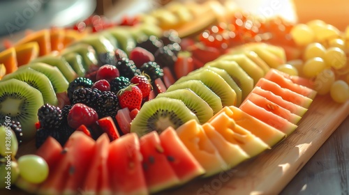 A colorful platter of fresh fruit, including watermelon, kiwi, papaya, grapes, strawberries, and raspberries.