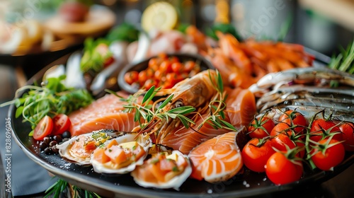 A platter of fresh seafood, including salmon, shrimp, and oysters, garnished with tomatoes, herbs, and lemon.