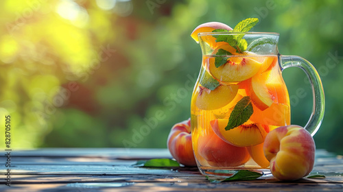 Pitcher of white sangria wine cocktail with peaches on wooden table