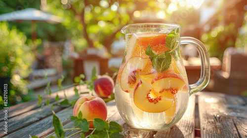 Pitcher of white sangria wine cocktail with peaches on restaurant table