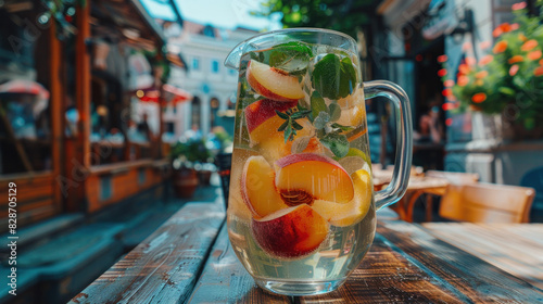 Pitcher of white sangria wine cocktail with peaches on restaurant table